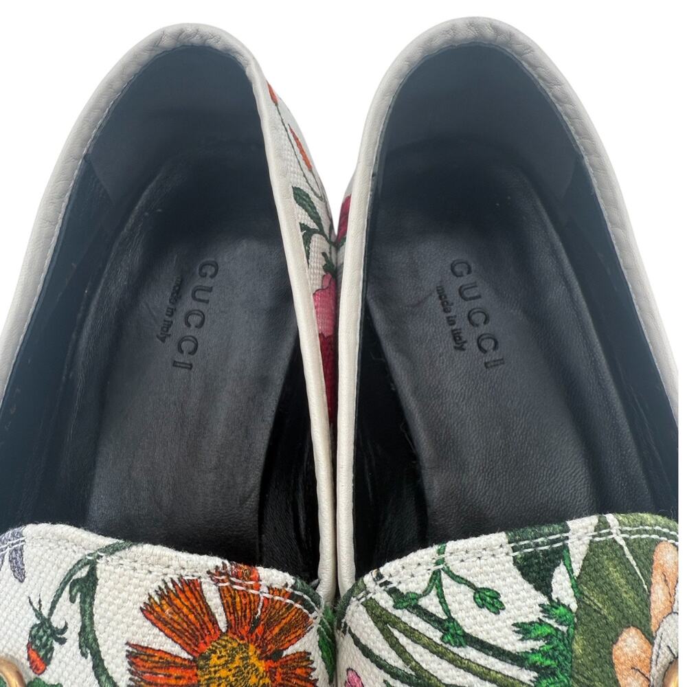 Gucci Jordaan Horsebit Loafer Cream White Floral Canvas Size 37 US 7 Flat Shoe - Picture 3 of 15